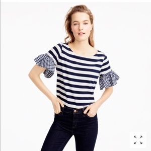 J.Crew Striped Top with Ruffle Gingham Sleeve